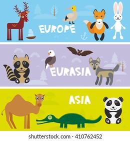 Cute animals set Camel crocodile alligator hare rabbit fox gannet bat deer eagle raccoon panda wolf, kids background Europe Asia Eurasia animals, bright colorful banner. Vector