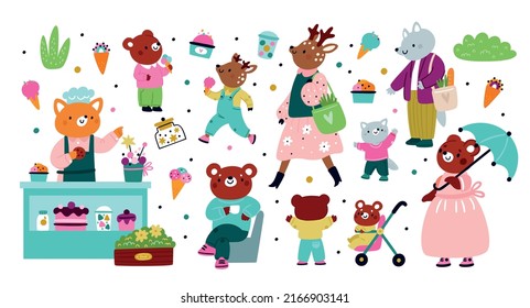 Cute Animals Set In Cartoon Style. Hand Drawn Characters Bear, Deer, Fox, Wolf, Baby, Mom, Dad. Family Animals Isolated On White Background. Illustration For Kids Book, Summer Prints