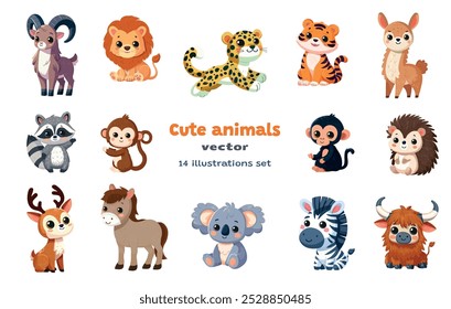 Lindo conjunto de animales. Ilustración de dibujos animados infantil. Animales del arte del Clip del Vector aislados en el fondo blanco Elemento plano del diseño	