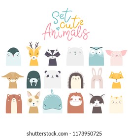 Cute animals set, childish illustration in simple cartoon style: penguin, deer, raccoon, polar bear, owl, piglet, pig, fox, walrus, panda, hedgehog, hare, bear, dog, whale, sloth, husky, cat