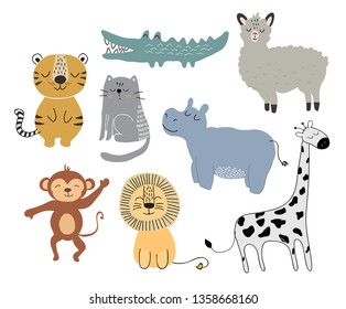 cute animals set. childish vector illustration scandinavian stylr design concept for card,kids clothes,fabrica,baby shower,nursery