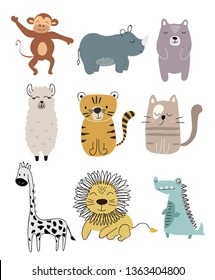 cute animals set. childish vector illustration scandinavian stylr design concept for card,kids clothes,fabric,baby shower,nursery