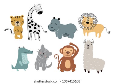 cute animals set. childish vector illustration scandinavian stylr design concept for card,kids clothes,fabrica,baby shower,nursery