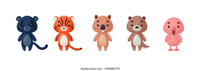 Cute animals set. Collection funny animals characters for kids cards, baby shower, birthday invitation, house interior. Bright colored childish vector illustration.