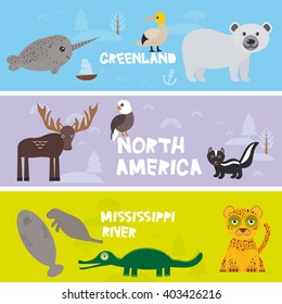 Cute animals set crocodile alligator skunk polar bear elk gannet narwhal skunk Manatee cougar eagle, kids background North America animals, bright colorful banner. Vector