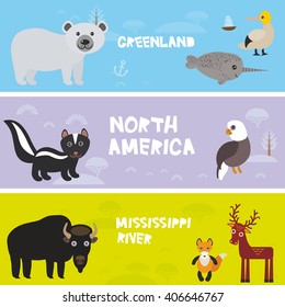 Cute animals set crocodile alligator skunk polar bear elk fox narwhal bison gannet eagle, kids background North America animals,  bright colorful banner. Vector  