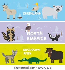 Cute animals set crocodile alligator skunk polar bear gannet bison eagle raccoon wolf Ibex, kids background North America animals,  bright colorful banner. Vector