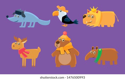 Cute Animals Set, Deer, Toucan, Wolf, Lion, Deer, Capybara, Bear Vector Illustration