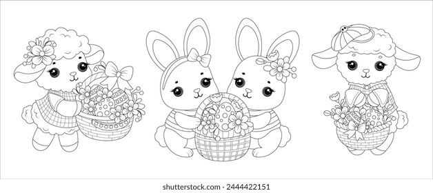 Cute animals set. Easter bunny and sheep with a basket. Hand drawn black and white outline drawing for coloring book. Isolated design element. Vector illustration.