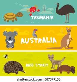 Cute animals set, Echidna koala Platypus ostrich Emu Cockatoo parrot turtle kangaroo dingo crab kids background Australia, Tasmania Bass strait Australian animals bright colorful banner. Vector