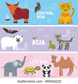 Cute animals set elephant Camel elephant leopard tortoise wolf bull eagle polar bear panda bat snake, kids background Asia animals, bright colorful banner. Vector