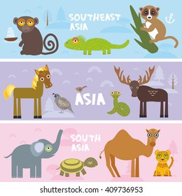 Cute animals set elephant Camel chameleon horse monkey lemur elephant leopard tortoise Grouse elk snake, kids background Asia animals, bright colorful banner. Vector