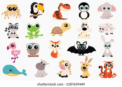 Cute animals set in flat cartoon design. Bundle of spider, toucan, dinosaur, penguin, elephant, cat, frog, turtle, dog, sheep, flamingo, owl, fox, bat and other. Vector illustration isolated elements