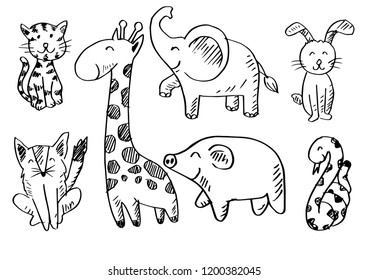 Cute animals set, fox,giraffe, cat, elephant,pig , snake, and rabbit.	