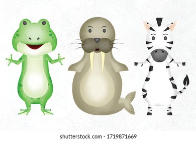 a cute animals set: Frog, walrus & zebra. Collection of cute animals with children's style