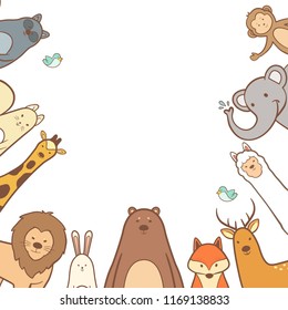 Cute animals set in hand drawn frame background