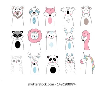 Cute animals set in hand drawn style. Bear, koala, fox, sloth, cow, lion, cat, rabbit, flamingo, owl, deer, panda, raccoon, llama, unicorn in linear style. Line art vector animals illustration