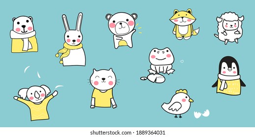 Cute animals set, Hand drawn doodle style, Vector illustrations for graphic design or animal content