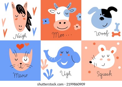 Animales bonitos. Caballo, vaca, perro, gato, elefante, ratón. Ilustración vectorial con letras dibujadas a mano para tarjeta, afiche, impresión.