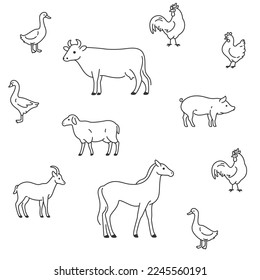 Cute animals set - horse, cow, goat, sheep, pig, duck, chick, goose, cock. Vector pattern with farm animals in cartoon style.