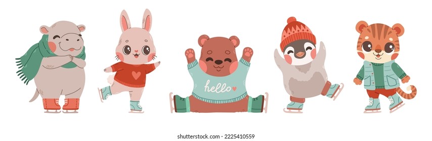 Cute animals set ice skating isolated. Hippo, rabbit, bear, penguin, tiger. Sport and leisure concept illustration