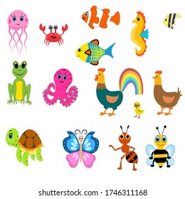 Cute animals set illustration,  vector collection: farm animals,sea animals wild animals, 