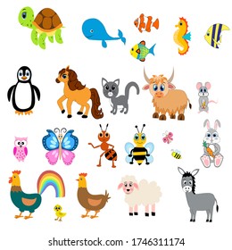 Cute animals set illustration,  vector collection: farm animals,sea animals wild animals, 
