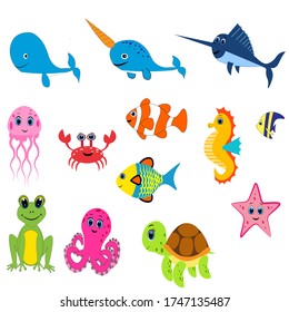 Cute animals set illustration, vector collection: farm animals,sea animals wild animals,