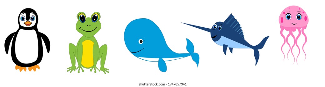 Cute animals set illustration, vector collection: farm animals,sea animals wild animals,