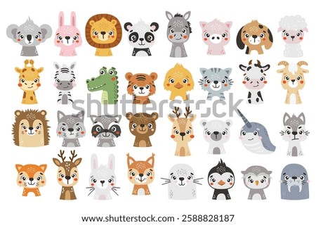 Cute animals set isolated, cute forest, safari, polar, farm animals, kids vector cartoon