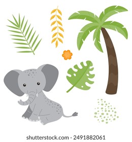 Lindos animales para niños aislados sobre un fondo blanco: elefante, palmera, liana, hojas. Ilustraciones vectoriales planas para niños.