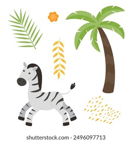 Cute children’s animals set isolated on a white background – zebra, liana, leaves, palm tree. Flat vector illustrations for children.