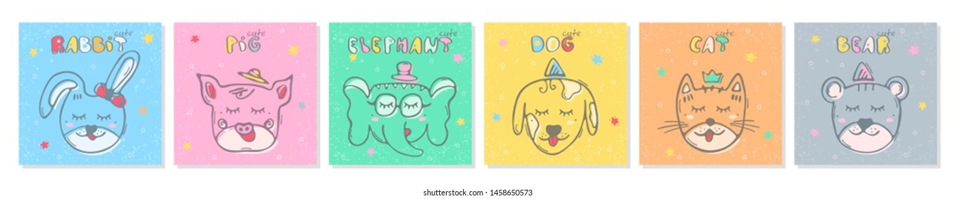 Cute animals set. Kids doodle color postcards