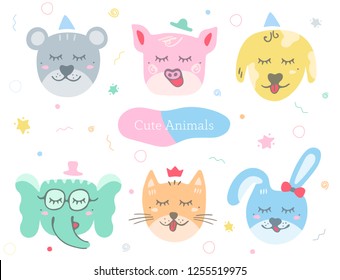 Cute animals set. Kids doodles postcard. Color illustration