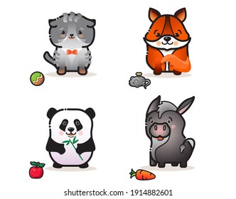 Cute animals set for kids. Funny colorful cartoon animals: Fox, Cat, Donkey, Panda. Nice Paper sticker collection in flat design. Tag with isolated cute animal. Vector lovely cheerful characters. 