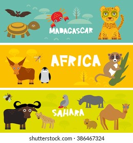 Cute animals set, leopard turtle crab penguin lemur bull hippo hyena parrot tsetse fly crab camel kids background African animals, Africa, Madagascar, Sahara Desert bright colorful banner. Vector