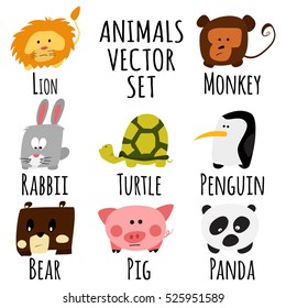 Cute animals set. Lion, monkey, rabbit, turtle, penguin, bear, pig, panda. Vector illustration isolated on a white background.