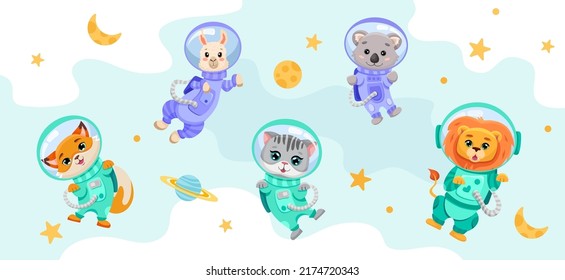 Cute animals set in open space with planets, moon and stars. Astronauts in costumes for children banner, textile print, kids design. Hand drawn vector cartoon illustration