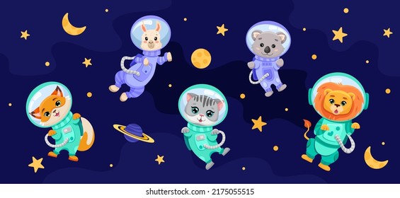 Cute animals set in open space with planets, moon and stars. Astronauts in costumes for children banner, textile print, kids design. Hand drawn vector cartoon illustration
