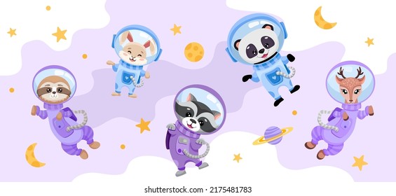 Cute animals set in open space with planets, moon and stars. Astronauts in costumes for children banner, textile print, kids design. Hand drawn vector cartoon illustration