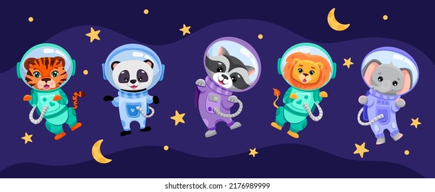 Cute animals set in open space with planets, moon and stars. Astronauts in costumes for children banner, textile print, kids design. Hand drawn vector cartoon illustration