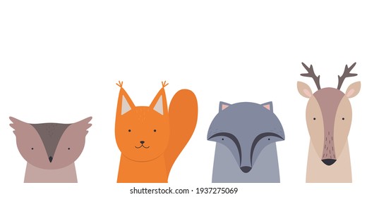 Cute animals set -  owl, squirrel, badger, deer. Vector illustration.