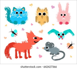 Cute Animals Set. Painted Grunge Texture. Brush strokes cat, textured owl, funny rabbit, smiling fox, hand drawn mouse, flying bird, colorful butterflies. Child style vector illustration.