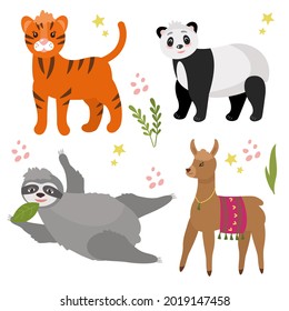 Cute animals set, panda, tiger, llama, sloth. Vector illustration isolated on a white background. For a children's postcard, design or decor