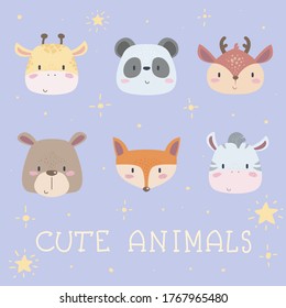 Cute animals. Set of cute simple muzzles. Vector illustration with bear, panda, deer, giraffe, zebra and fox. Around the stars.