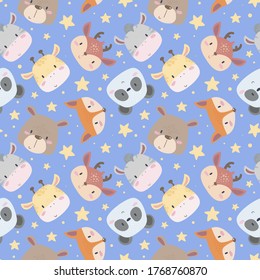Cute animals. Set of cute simple muzzles. Vector illustration with bear, panda, deer, giraffe, zebra and fox. Around the stars. Seamless kid pattern