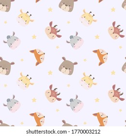 Cute animals. Set of cute simple muzzles. Vector illustration with bear, panda, deer, giraffe, zebra and fox. Around the stars. Seamless kid pattern