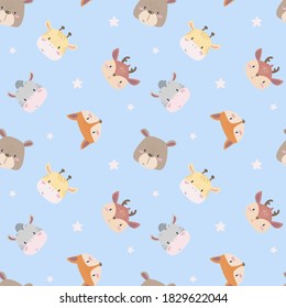 Cute animals. Set of cute simple muzzles. Vector illustration with bear, panda, deer, giraffe, zebra and fox. Around the stars. Seamless kid pattern
