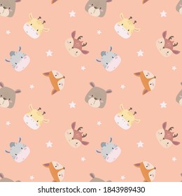 Cute animals. Set of cute simple muzzles. Vector illustration with bear, panda, deer, giraffe, zebra and fox. Around the stars. Seamless kid pattern
