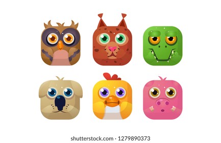 Cute animals set, square app icons, assets for GUI, web design, owl, lynx, crocodile, dog, chicken, pig vector Illustration